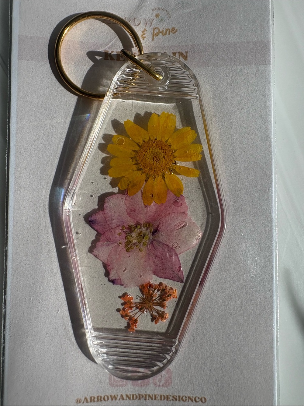 Clear Resin Keychain with Pink and Yellow Pressed Flowers “ motel style”